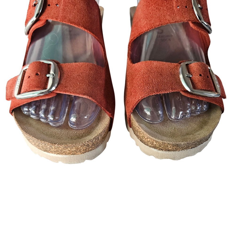 Yokono Ibiza Women's 6.5 Rust Orange Suede Double Buckle Cork Wedge Sandals - Picture 2 of 8